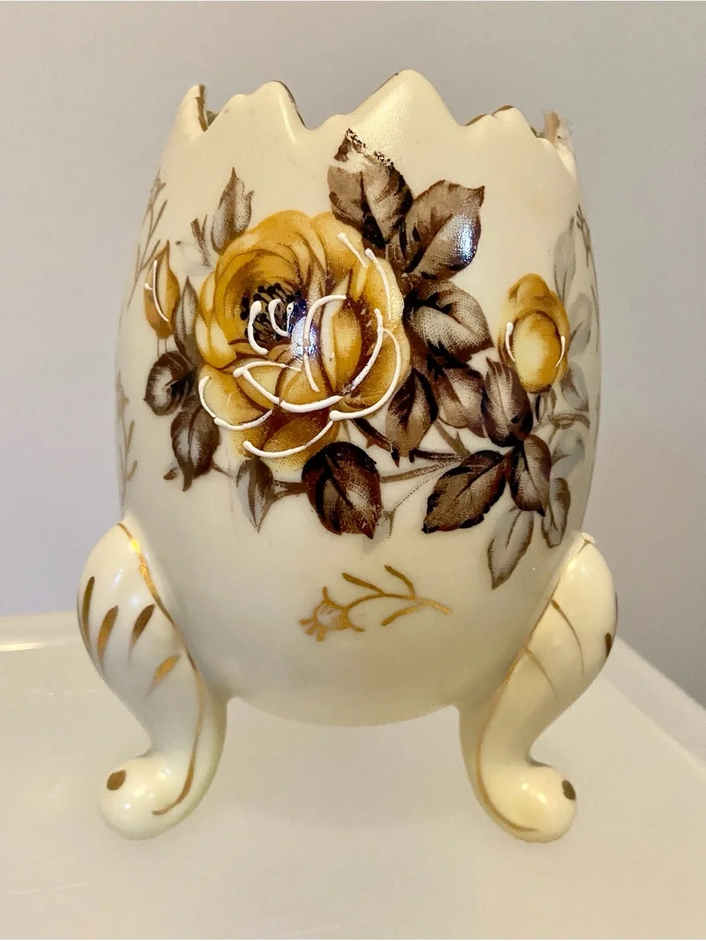 Pair of Vintage Napcoware Cracked Egg Vases with Brown and Gold Flowers